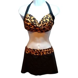 La Blanca 2 Piece Swimsuit, Animal Print Bikini Top and Skirt, Black, Brown Swim